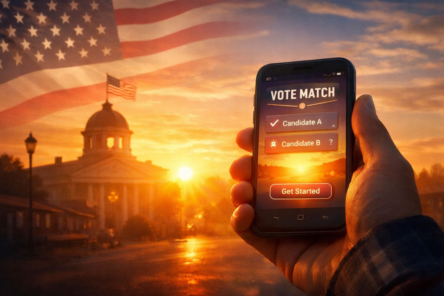 VoteMatch hero image showing a patriotic crowd scene